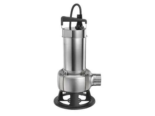 Tauchmotorpumpe aus Edelstahl mit flexibler Schlauchanschlussmöglichkeit, geeignet für den Einsatz in Schmutzwasseranwendungen, erkennbar als Produkt von Grundfos.